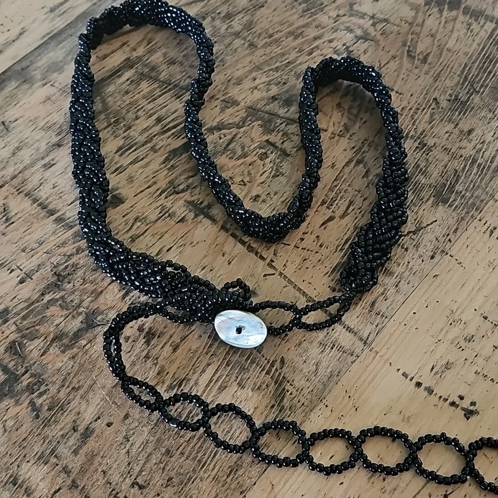 Handmade Vintage Black Glass Seed Beaded Belt‎ Abalone Fastener 1920s Flapper